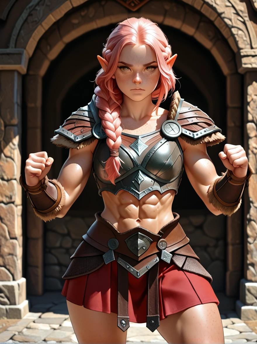 beautiful dwarf girl, solo female, dwarf DND female, freckles, chest armor, shoulder armor, pink hair, long braid, hazel eyes, muscled, muscled abs, athletic, dwarven warrior woman, short red skirt, wide shoulders, combat pose, martial arts pose, hentai style, curvy body, sexy, masterpiece, ultra definition.