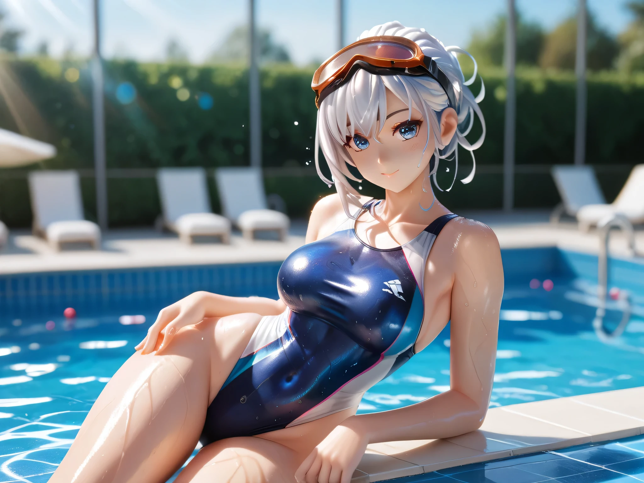 An anime-style female swimmer resting at the poolside after a training session. She is sitting on the edge of the pool with wet hair, wearing a sleek one-piece racing swimsuit, droplets of water glistening on her skin under the sunlight. A towel is draped over her shoulders, and her goggles rest on her head. Background shows a clear blue pool and bright summer sky. Anime art style, soft lighting, warm color tones, detailed reflections in the water.