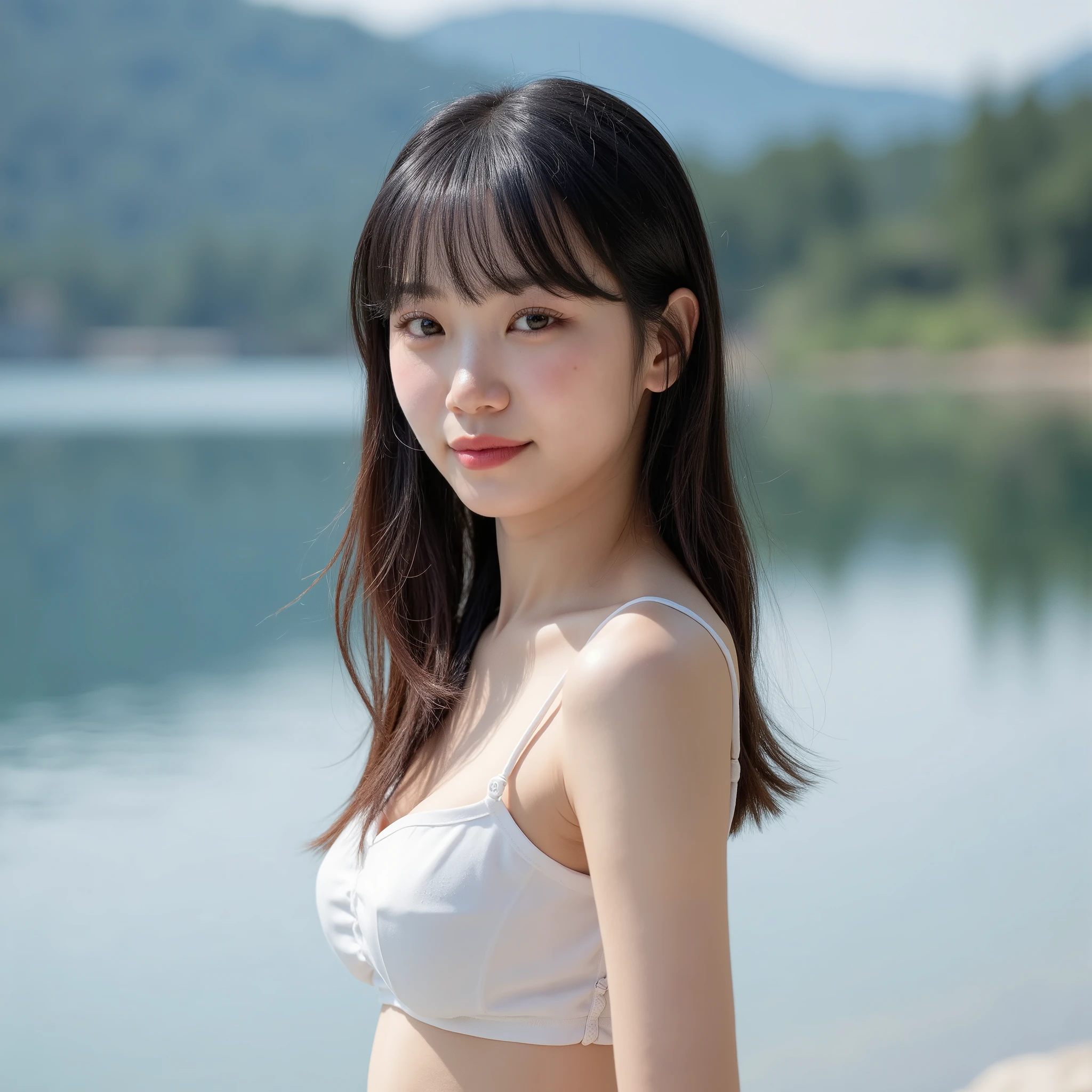 Beautiful 28-year-old korean with long hair and medium-sized breasts naked at a lake, showing the chest side