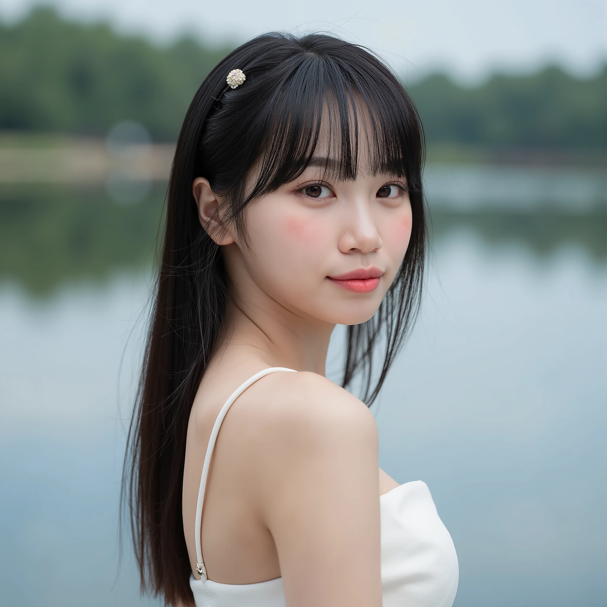 Beautiful 28-year-old korean with long hair and medium-sized breasts naked at a lake, showing the chest side