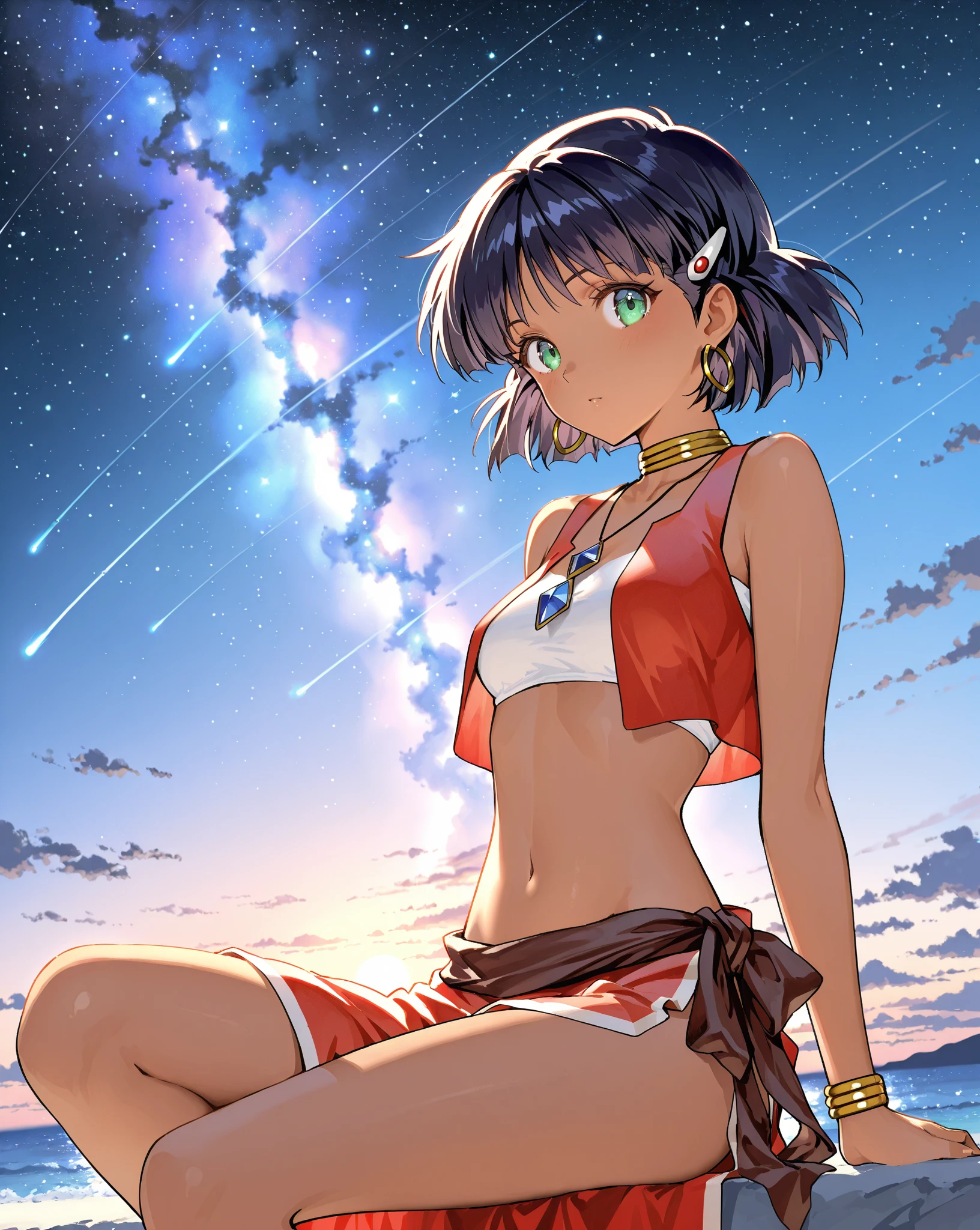 Asian girl in space on an alien planet between the North Star and the Big Dipper.