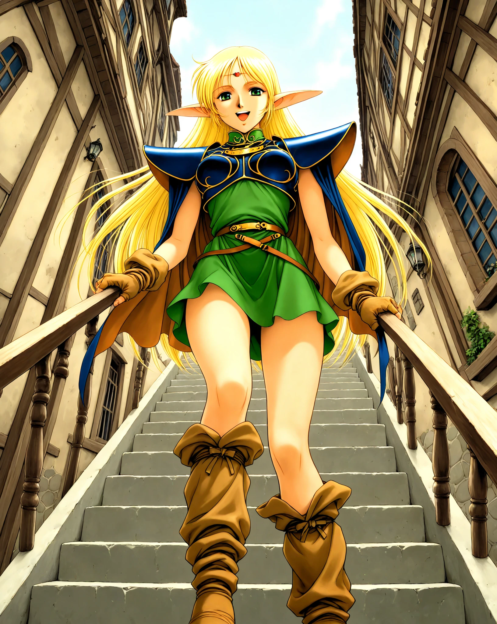 Record of Lodoss War, Deedlit, from below, look at viewer, Big wave from the top of the stairs, Happy, Big smile, Old town with German style