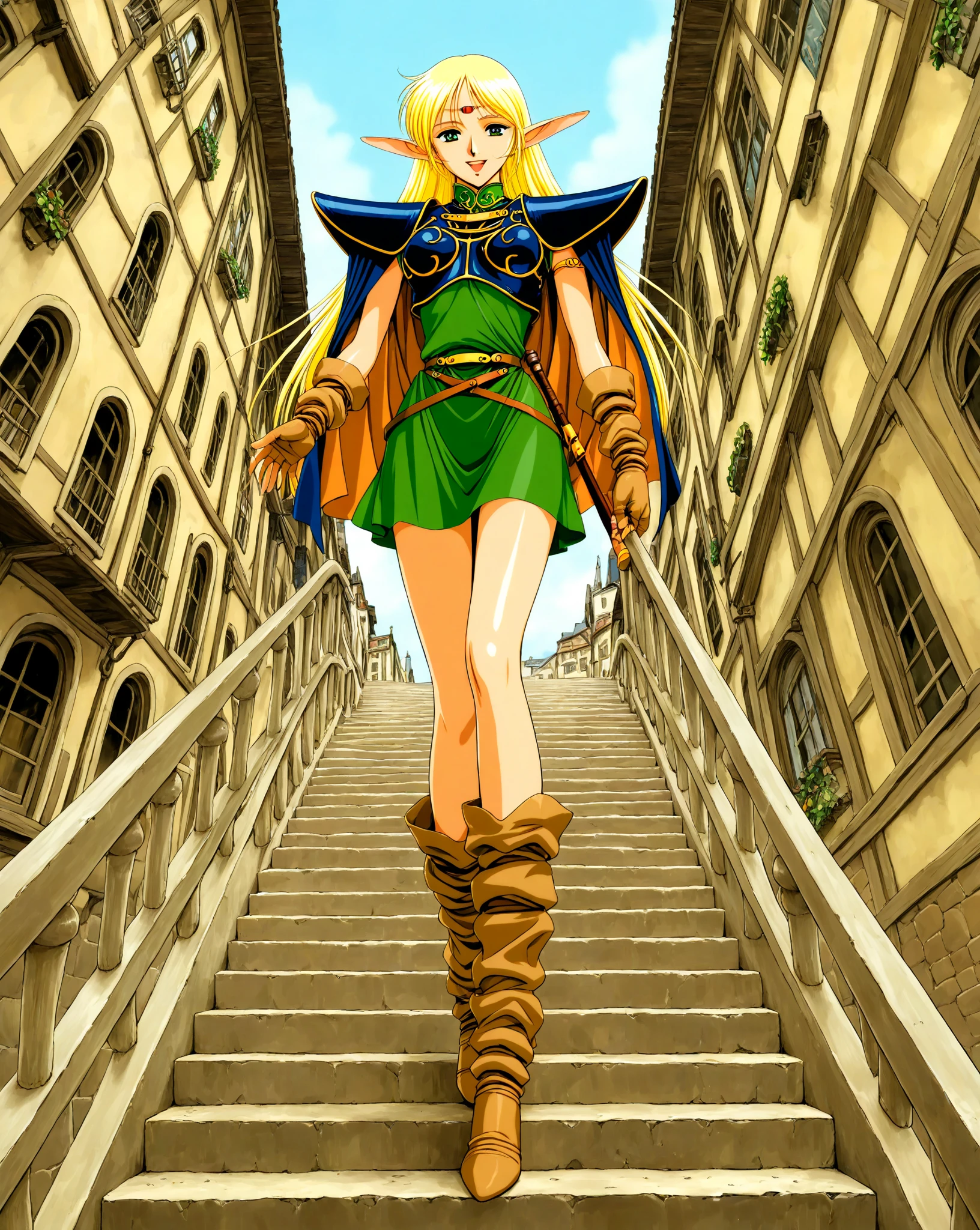 Record of Lodoss War, Deedlit, from below, look at viewer, Big wave from the top of the stairs, Happy, Big smile, Old town with German style