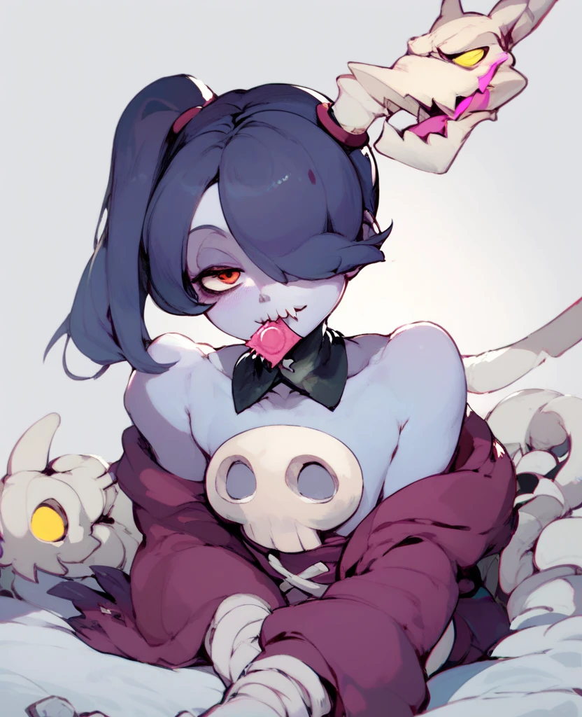 wavy, 1 , solo, small breasts, looking at viewer, bare shoulders, open sleeves, hair over one eye, red eyes, side ponytail, ponytail, loose collar, skull, ((blue skin)), dots, zombie, striped sleeves, stitched mouth, extremely detailed, highly detailed, perfect face, beauty, perfect eyes ((skeletal arm, live tails, big ass, big lips)), big eyes, makeup, big eyelashes, cute, adorable , serious, ( (leviathan: 1.3)), full body, in lingerie, ecchi anime style, full body art, ecchi style, anime character, kneeling, kitten ear, showing off, hand on waist