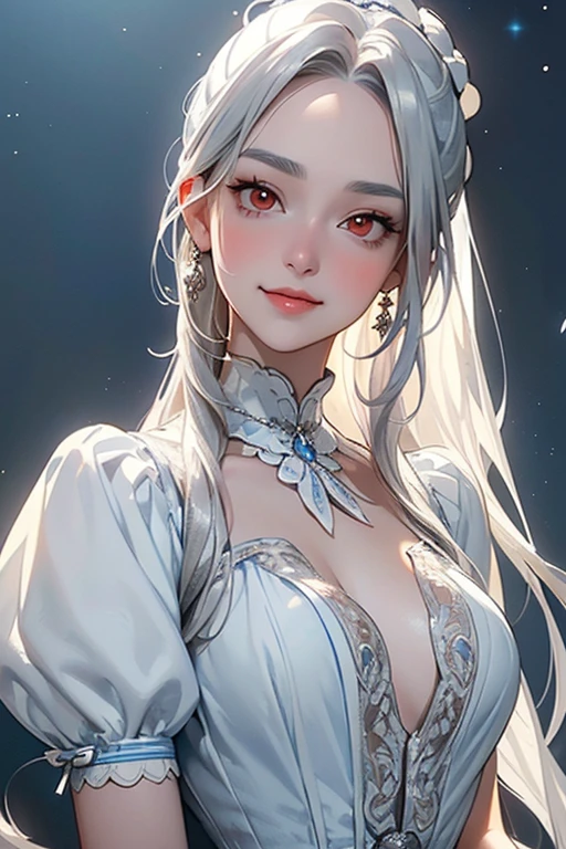Perfect face. Perfect hands. A young silver haired woman with green eyes and an hourglass figure is smiling while sitting on a tombstone in a cemetery