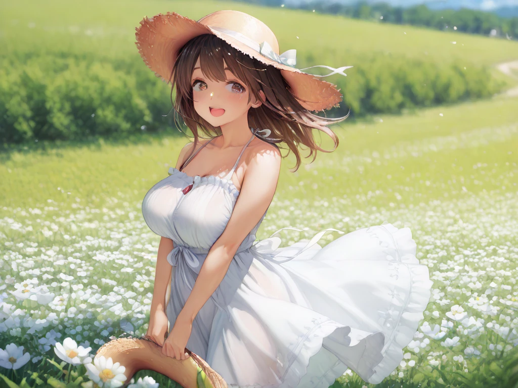 masterpiece, Highest quality, detailed, an extremely delicate and beautiful, High resolution, High resolution, High-definition anime, ( Anime Coloring:1.1), motivated light,( beautiful hair), (beautiful face), photo of Perfect Eyes, Perfect Eyes, Perfectly composed photos, detailed face, detailed eyes,( detailed clothing:1.3),( Perfect hands), Small breasts, Round Breasts,  
break
moody angle, Upper Body, 1girl, beautiful (Kogaru Gal) girl,( Money,_hair),hair accessory, jewelry, compensate, bracelet, painted nails, compensate, (big hair), (Updo), Shoulder cutouts, Braiding, dress, brown hair, twin Braidings, blush, long hair, white dress, jewelry, Clothing cutouts, 前hair, necklace, Floral print, Bare shoulders, Straw hat, clavicle, hair bow, Short sleeve, ribbon, Brown hat, hair over shoulder, detailed panties, Panty shot,
break 
( like:1.6),( Embarrassing. spike:1.2), blush, Contorting the mouth, very detailed background, Sitting,( Spread your legs:1.2), Day, null, Flower Field, petal,  Park bench, On the bench, Grass, 