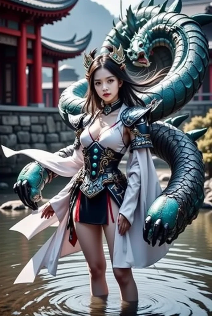 (((extremely heavy breasts)))、(Fight fiercely with dragons)、top-quality、masterpiece、超A high resolution、(White Dragon Armor)、dragon armor、(Wearing a beautiful crown made of jewels),(Photorealsitic:1.4)、Raw photo、女の子1人、Golden hair、glowy skin、(((Chinese Dragon)))、(Gorgeous Jewelry Necklaces)、(Mystical expression)、(Fight big dragons)、With a beautiful knife、(White Metal Bodysuit)、(beautiful forest background)、Precipitous cliffs、(Small LED)、((super realistic details))、portlate、globalillumination、Shadow、octan render、(One-Eyed Scouter)、8K、ultrasharp、Colossal tits、Raw skin is exposed in cleavage、metals、Details of complex ornaments、Japan details、highly intricate detail、Realistic light、CGSoation Trends、Red Eyes、radiant eyes、Facing the camera、neon details、(Mechanical limbs)、(blood vessels connected to tubes)、Mechanical vertebrae attached to the back、mechanical cervical attaching to neck、(Wires and cables connecting to the head)、Gundam、Small LED、,Mechanical thighs、Toostock、(Hands are also made of machines)、(veils)、