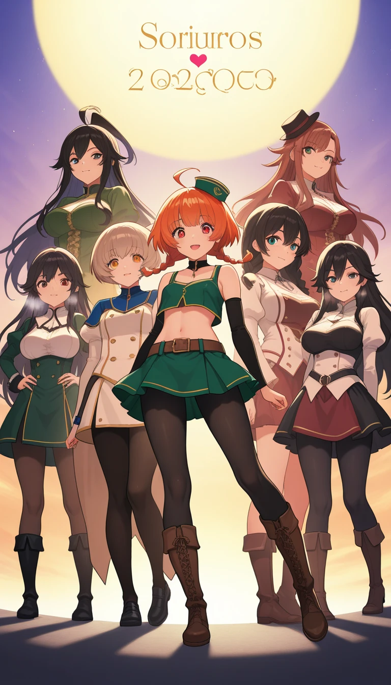 3 anime girls, one girl has red hair and blue eyes, another girl has blonde hair and light green eyes, the last girl has black hair and light brown eyes