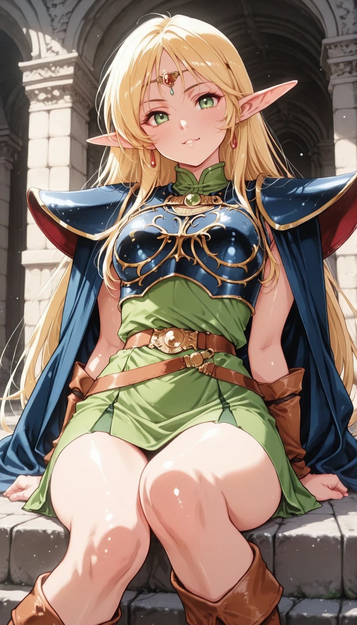 1女性, deedlit, \(record of lodoss war\), ((金髪, ロングヘア)), green dress, circlet, sleeveless,shoulder armor,armor,breastplate,cloak,blue cloak,boots, 清楚系ビッチ, 魅惑的ボディ, 大笑い:1.6, 前屈み, セクシーな体, 完璧な唇, グラフィティ, カウボーイショット, ドラマチックな照明, 艶めかしい光, 被写界深度が浅い, フォトジェニック, 超高解像度, RAW フォト, 物理ベースレンダリング, (最高品質:1.2, 非常に詳細な, 高詳細CGイラスト, ソフトフォーカス, 傑作:1.2, 最高の美学),