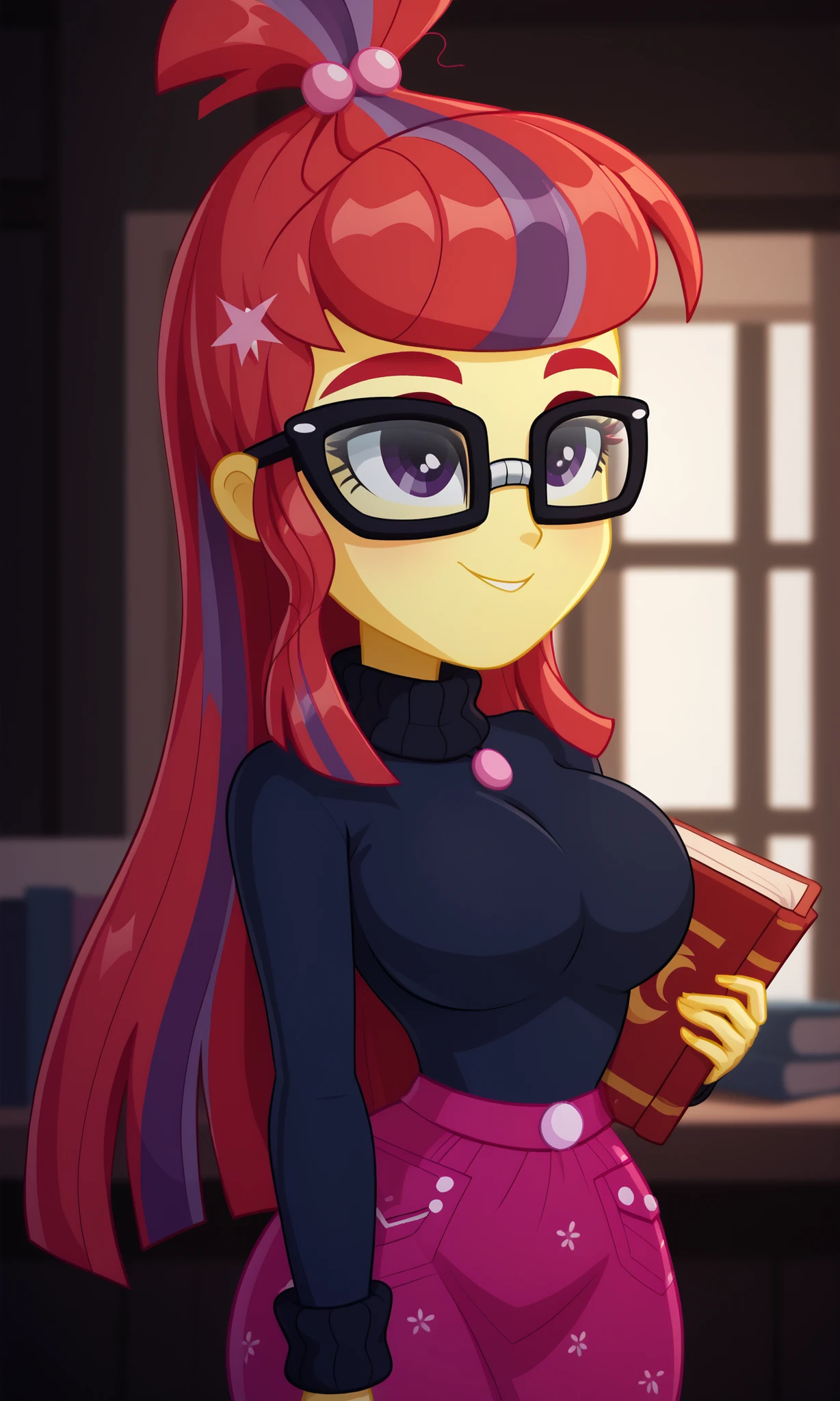 ((masterpiece, detailed image, soft skin, style_2d_chibi)), (MoonDancer)1 girl, crop top, cleavage, huge breasts,,  ((from side)) MoonDancer, 1 girl, glasses, Purple Eyes, colored skin, red hair, hair decoration, hair with highlights, multi-colored hair, purple highlights, long hair, hair bows, turtleneck sweater, solo, smile, sweater, big breasts, wide hips, turtleneck sweater, pink skirt, skirt, black-framed glasses, big breasts, wide hips, upturned bangs, black sweater, yellow skin, book, eyelashes,
SciTwi EQG, multicolored hair, red hair, colored skin, yellow skin, purple eyes, SciTwi EQG