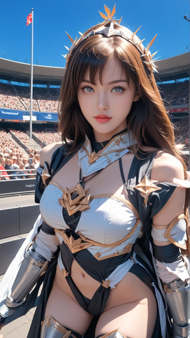 (1girl:1.3), Solo, (((Very detailed face)))), ((Very detailed eyes and face)))), Beautiful detail eyes, gigantic breasts,cameltoe,breasts about to burst of her clothing,cleavage,Body parts__, Official art, Unified 8k wallpaper, Super detailed, beautiful and beautiful, beautiful, happy,((smile)),masterpiece, best quality, original, masterpiece, super fine photo, best quality, super high resolution, realistic realism, sunlight, full body portrait, amazing beauty, bunny ears,dynamic pose, delicate face, vibrant eyes, (from the front), She wears D.VA suit, blunt bangs,red and black color scheme, spider, very detailed amusement park background, golden ratio body, overlooking the city, detailed face, detailed complex busy background, messy, gorgeous, milky white, highly detailed skin, realistic skin details, visible pores, clear focus, volumetric fog, 8k uhd, DSLR, high quality, film grain, fair skin, photo realism, lomography, futuristic dystopian megalopolis, translucent