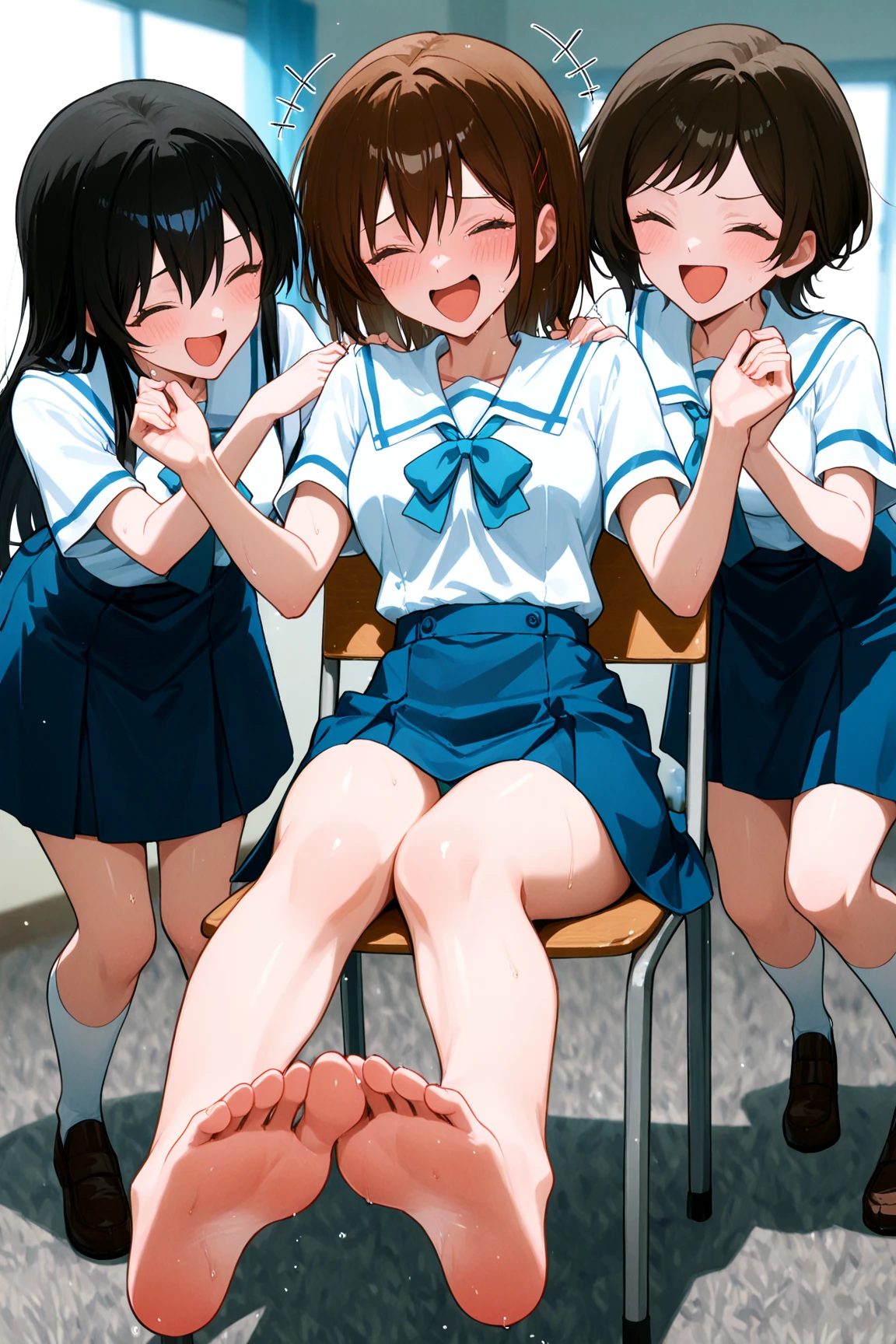 Sayori Natsuki Monika and Yuri fighting over who gets to stay with MC then they hit each other, she gets angry and kicks each other, MC arrives and sees everything and stops them, Yuri gets angry, pushes Natsuki and hits herself on the desk