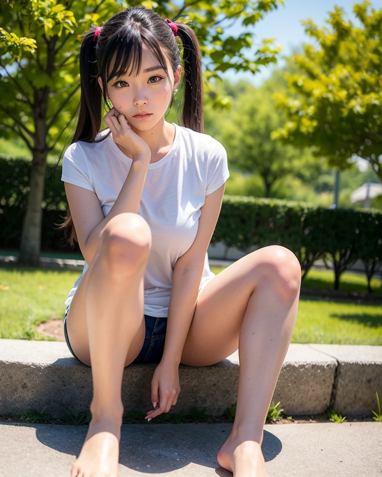 (masterpiece, highest quality:1.4), Award-winning portraits, 8K, 85mm, alone, Beautiful Face, Delicate girl, Biolaces, Gardenia, grace, Sophisticated, cute, , Watching the audience, 15 yw photo, Disorganized, HDR, Sharp focus, A bow tie, Background bokeh、(((flat 、thin and delicate body、A childish atmosphere、naked、Full Body)))、Her shiny semi-long hair is tied up、Hair swaying in the wind、Mole on the left cheek、large, round, dark blue eyes、Full Body、Sitting on the floor、Junior idol、Nogizaka Idol、mole under eye、sexy、((basement、Embarrassing appearance、anxious look))、Fine-grained beautiful skin