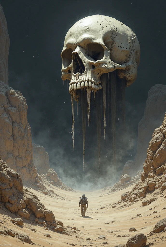 A desert, pyramid, cyber punk perssonage, epcot, Pink moon, Two moons,glddrp, landscape shot:1.2,A desert,A desert,A desert,Endless desert,Dark style,Gray sandstorms,Dimly lit sky,galactic,Bones in the desert,Desert ruins,Remnants of an ancient civilization in the ghost starry sky,Mystery novel style,废墟,Ancient ruins,Miracles,sacred feeling,Mysterious aperture,The existence of God,Miracles,High latitudes,Desert of death,suspenseful,Ancient ruins,ultra-realistic realism,Sand in the shape of a huge skeleton in the distance,Skeleton Dunes,A huge sand dune in the shape of a skeleton in the distance,Ancient ruins,Skeleton Dunes,Skeleton shaped rock,Sand dunes in the shape of skeletons,A string of footprints,A long list of footprints,Finally gone,Human footprint,Footprints in the desert,Skeleton shaped rock,Sandstorm in the shape of a skull,deathia,A skull composed of wind sand,mistic,Ancient ruins,camelstoe,hyper ornate,Ultra-long field of view,mystical sky、Need、tmasterpiece、illustration、the wallpaper、hoang lap、bird's eyes view、bird's eyes view:0.3,Need、tmasterpiece、illustration、the wallpaper、hoang lap、bird's eyes view、bird's eyes view:0.3