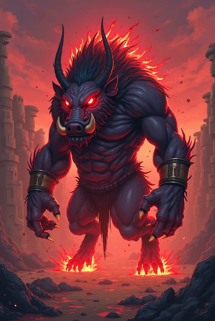 a giant leon, fire in his eyes, mitical creature