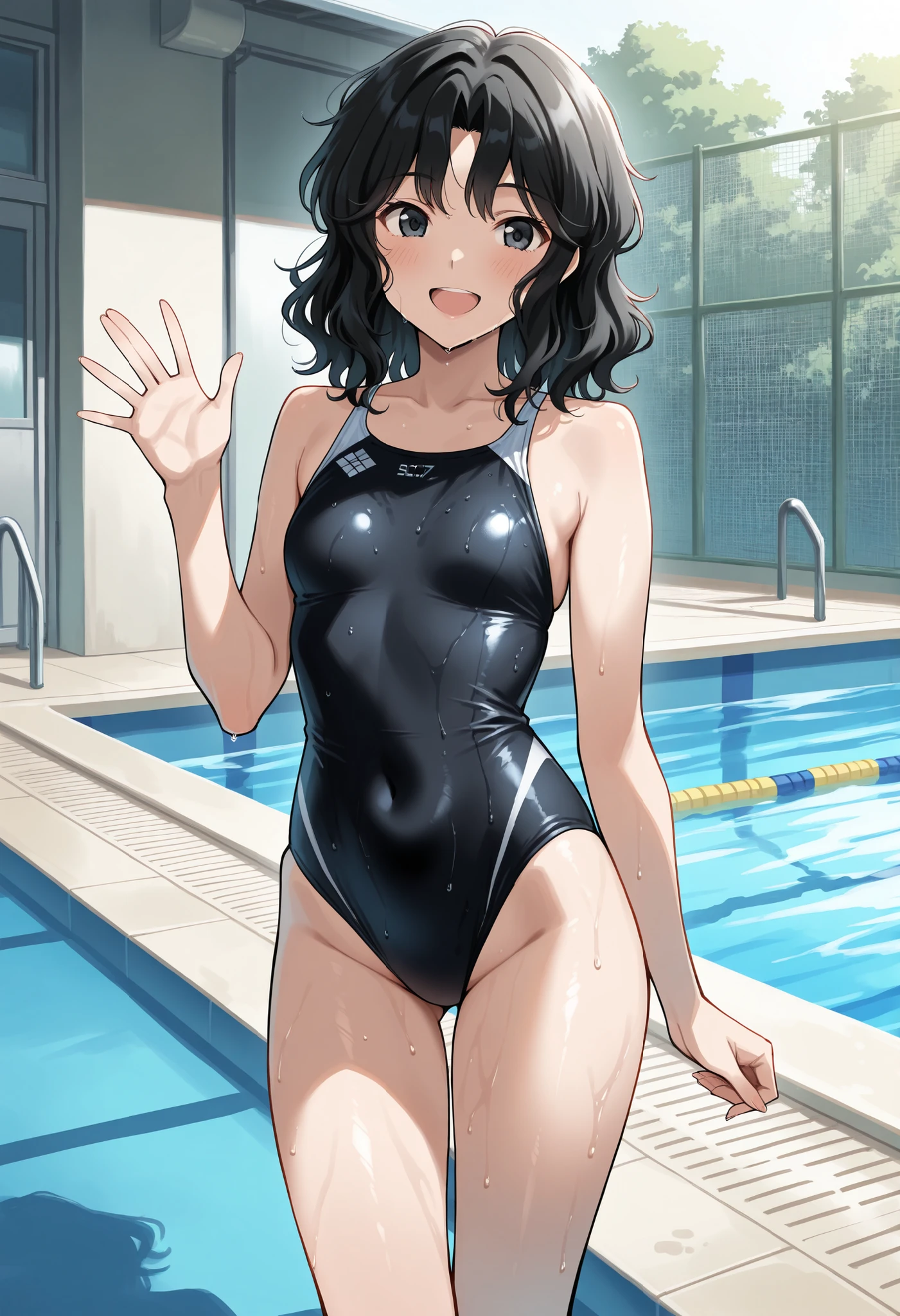 Score_9, score_8_up, score_7_up, source_anime, tnakao, solo, black hair, wavy hair, medium hair, black eyes, small breasts, (best quality), (high quality), {masterpiece}, extremely delicate and beautiful, ultra-detailed, beautiful detailed eyes, black one-piece swimsuit, school pool, indoor, wet, smile, open mouth, waving, standing