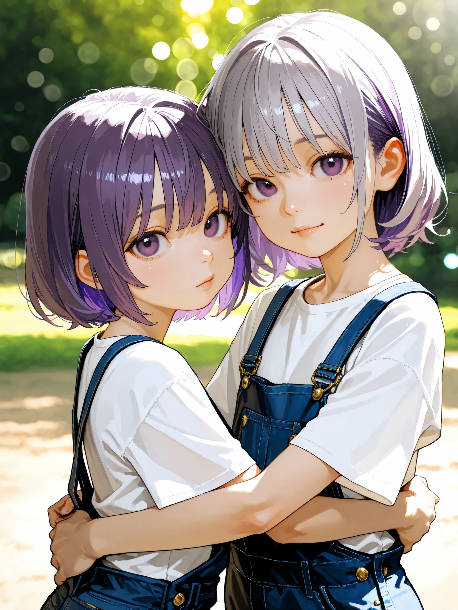 short girl, Sisters Girls,is young, flat chested,realisticな外観, big purple eyes, Two-tone purple hair and gray hair、white shirt、overalls with tools、 back hugging、Outdoors、細部にこだわったrealisticな影、movie stills, real、Highest Quality, realistic, 4K Rendering, ultra-fine texture, Professional , bright color, Bokeh