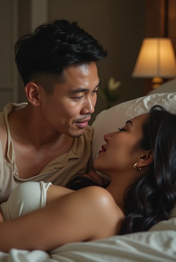 Realistic photo of a handsome Indonesian man with a smile on his face looking forward trying to wake up a sleeping beautiful Indonesian woman.  sleeping woman holding a teddy bear.  There is an old-fashioned alarm clock in the night stand.  lit night lights, romantic night atmosphere, HDR+