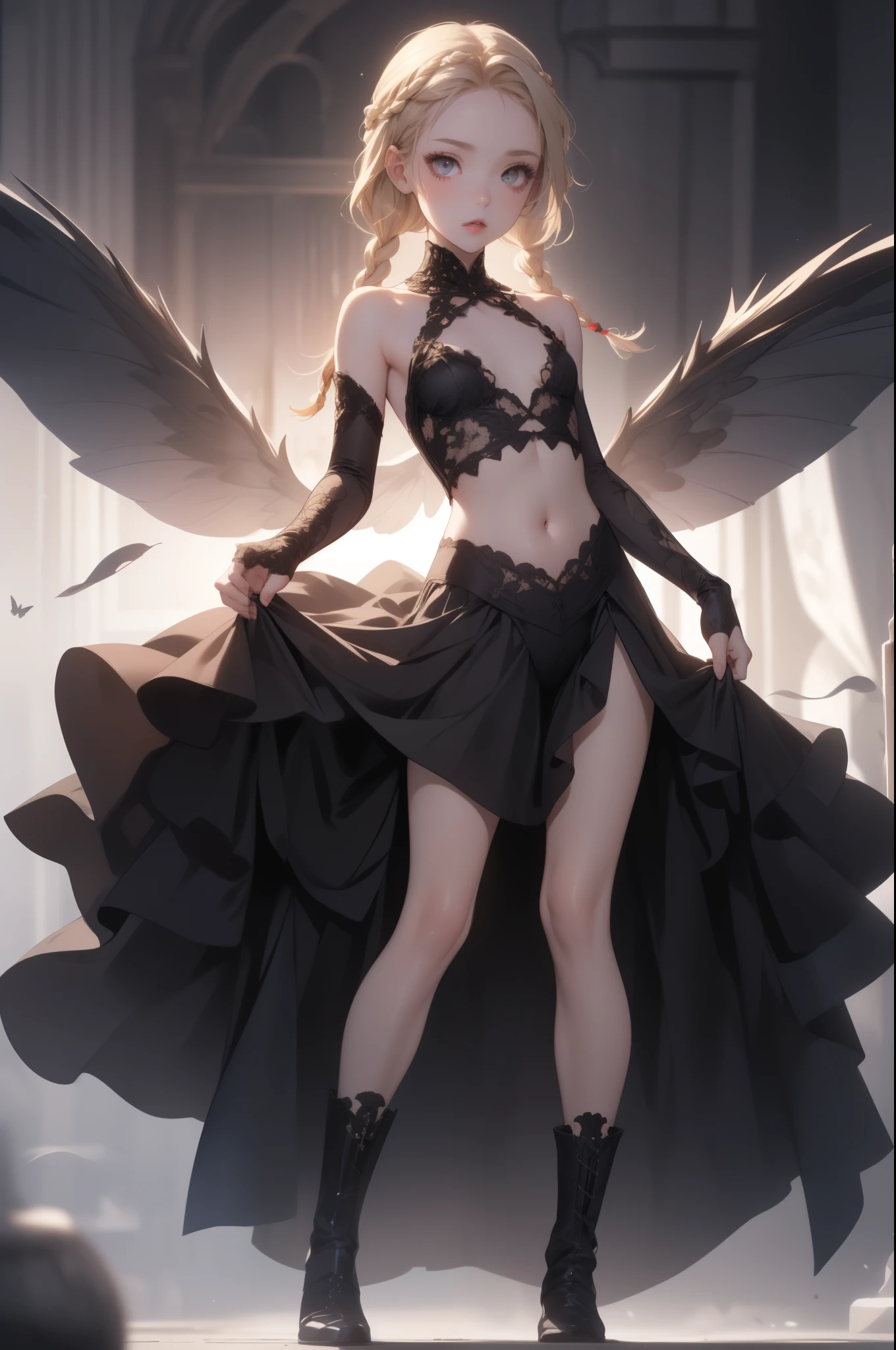 ((best quality)), ((masterpiece)), (detailed), 1girl, off-shoulder, Character design, female, dynamic poses, long white grey hair, grey white eyes, very skinny, detailed, best quality, no accesoires around the neck, no shoes, prominent collarbones, skinny arms, flat stomach, visible hip bones, small breasts, red and white clothing, Bloodborne inspired, occult aesthetic, occult, detailed and intricate steampunk and detailed gothic, NSFW, Very dramatic and cinematic lighting, cosmic horror, grim-dark, side-lighting, perfect face, NSFW, Fluttering lace flared long knee length dress with frilly petticoats, knee length dress, pleated petticoats, petticoats gothic, complex lace boots, side-lighting, gothic lolita aesthetic, wielding a mighty sword with mechanical components, mandalas, small breasts, a fairy, various different types of insect wings, NSFW