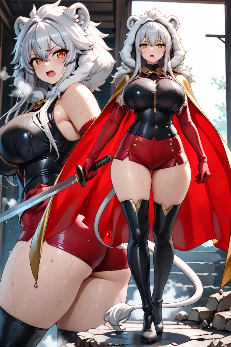 Warrior witch, (((masterpiece))), (((best quality))), ((8k)), ((ultra-detailed)), (1 dark-skinned human woman: 1.2), (white hair 1,3), (((Heterochromia, in the eyes, red and yellow: 1,2))), (standing), full body, sexy body, (tight black bodysuit: 1.2, gold lines), (leather belt and high boots: 1.2), (bracelet, earring, gold accessories), wallpaper, pinterest, (((Official art, masterpiece, ultra-detailed))), (((best quality: 1.2, intricate details, ultra-high resolution: 1.2))), model photo, (subtle cleavage), Fantasy Art, (Fantasyart), sexy body, big breasts, witch iteis, front photo, cinematic photo, natural light, wallpaper, pinterest, badass image, perfect photo, volumetric lighting
