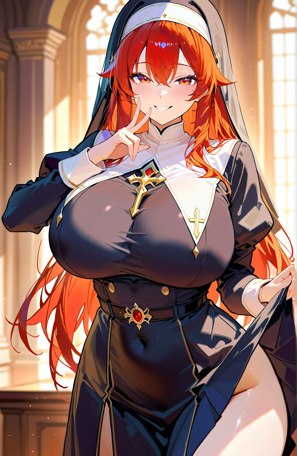 My name is Hikaru, I am a white test woman with long red hair and black eyes. I am 1.60cm tall and weigh 46kg. My breast sizes are 300 cm, my waist is 60 cm and my hips are 200 cm. Dressed in a black nun's outfit, tight and tight and Velo. With big breasts 300 cm