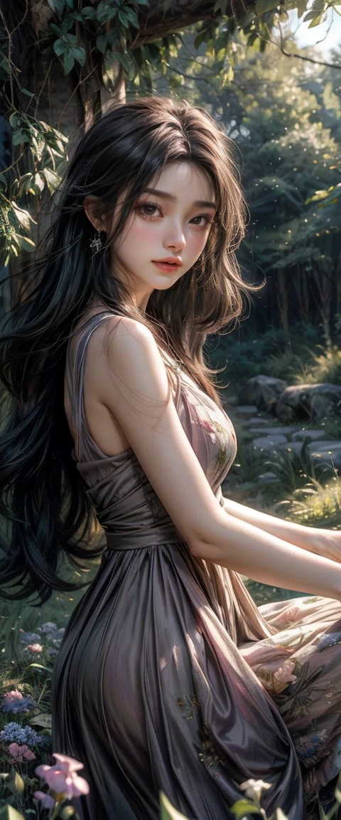 "((innocent)) Kizi, golden hour time, dreamy meadow, ethereal, caprichosa, flowing dress, soft sunlight, enchanting, butterfly wings, (pastel clouds), liquid reflections, 1 Kizi num lago, numa flowersta com logas trees, dark place , standing, Kizi de corpo inteiro, night and starry sky, trees, linda, magical aura, a Kizi tem olhos vermelhos, crimson colored eyes, she has scarlet eyes, flowers, a Kizi usa uma jaqueta de couro vermelho, black blouse and brown pants, Focus on her face, your curly hair is different colors, dark curly hair, he has green streaks in his hair, She is beautiful, she looks at the moon and the stars, looks sad, is accompanied by a frightening shadow, she is accompanied by monsters, 1 Kizi de cabelos escuros e cacheado, linda, magical aura, a Kizi tem olhos vermelhos, crimson colored eyes, she has scarlet eyes