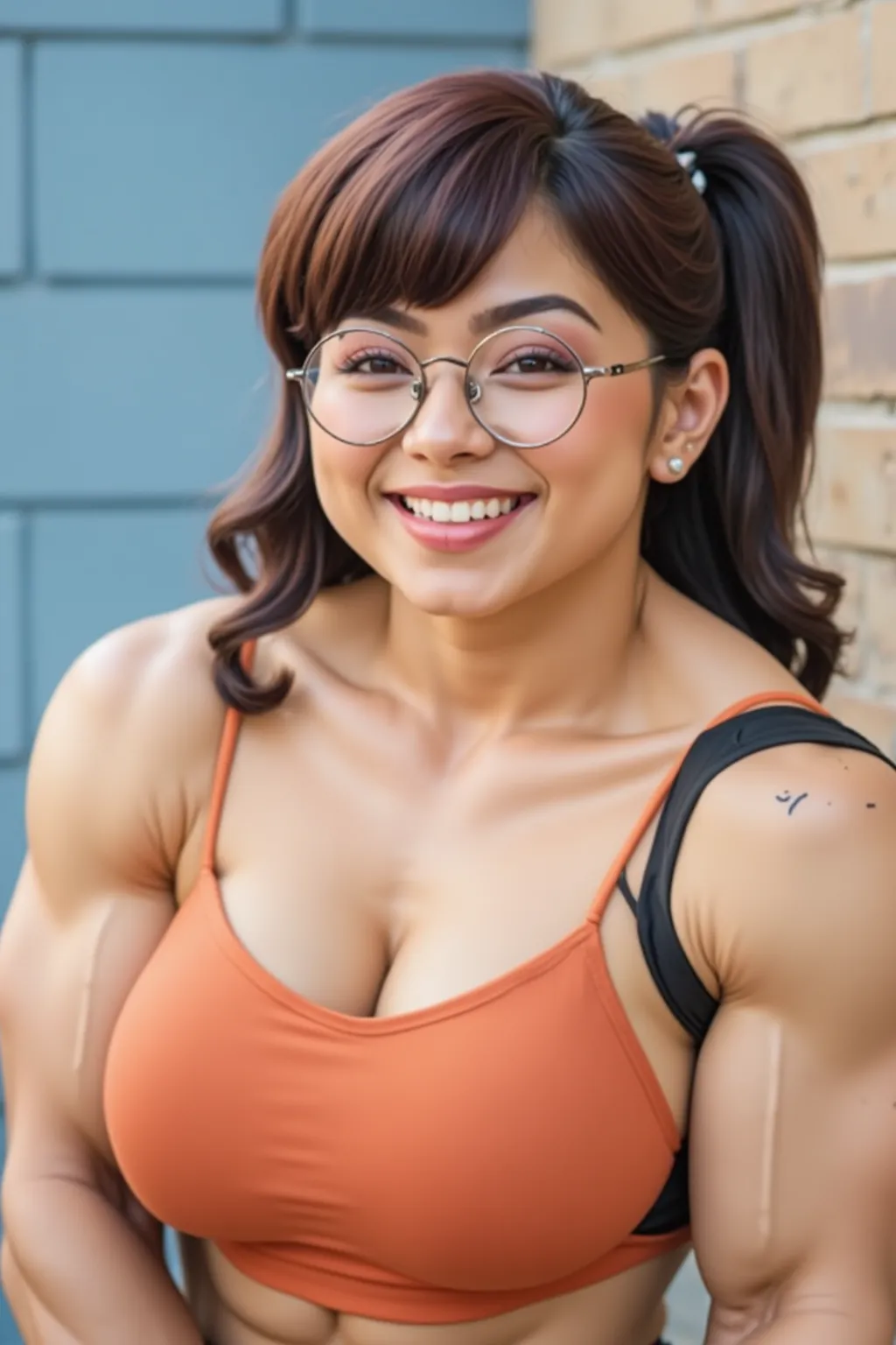 (Masterpiece, Professional lighting, 16k, 8k wallpaper, raw photo, photorealistic:1.8, ultra detailed, , slightly wide angle lens, natural  lighting, detailed skin, detailed joyous face, detailed eyes), 1 beautiful happy girl, dynamic poses for Instagram, cropped tee shirt with underboob, underboob, , full body image , long curly blond hair with bangs,  necklace, green eyes, sexy gaze inviting look, baby blue top short, red skirt, happy smile