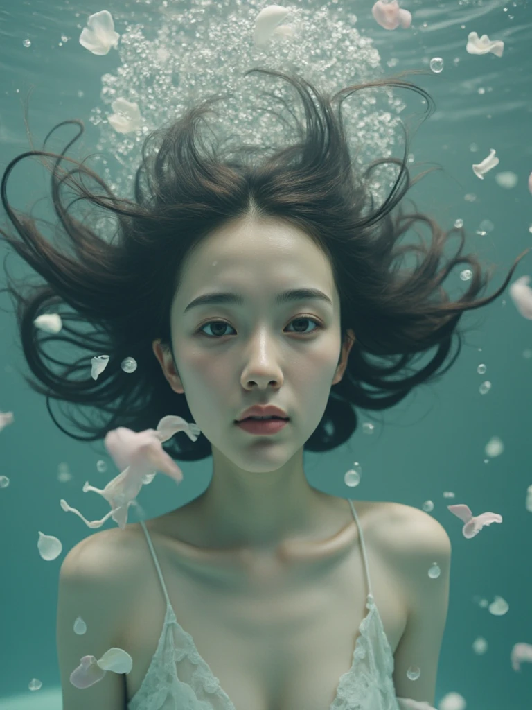 (RAW photo, Best quality), (Realistic, photo-realistic:1.2),High quality, 1girll,delicated face,full bodyesbian,white dresses,sleep,Under water
