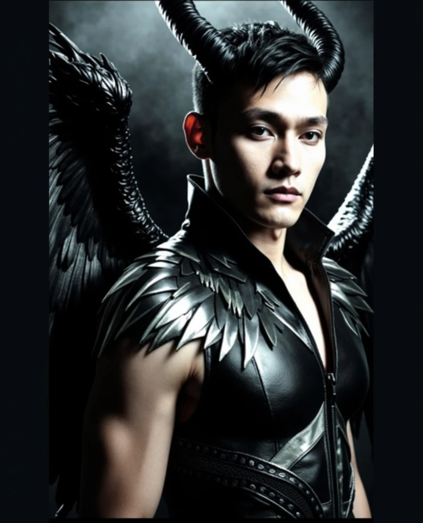 masterpiece, realistic, photographic, 1boy, a sexy young Roman Catholic priest turning into a hot male demon with red skin, black hair, glowing red eyes, long black claws on his fingers and large horns as well as a massive demonic wingspan, he is wearing a black loincloth, bursting out of his ripped and torn priestly robes showing his muscular pecs, abs, biceps, shoulders and perky nipples. A seductive expression on his face, he is surrounded by glowing human skulls, stained glass windows inside the interior of a gothic church background