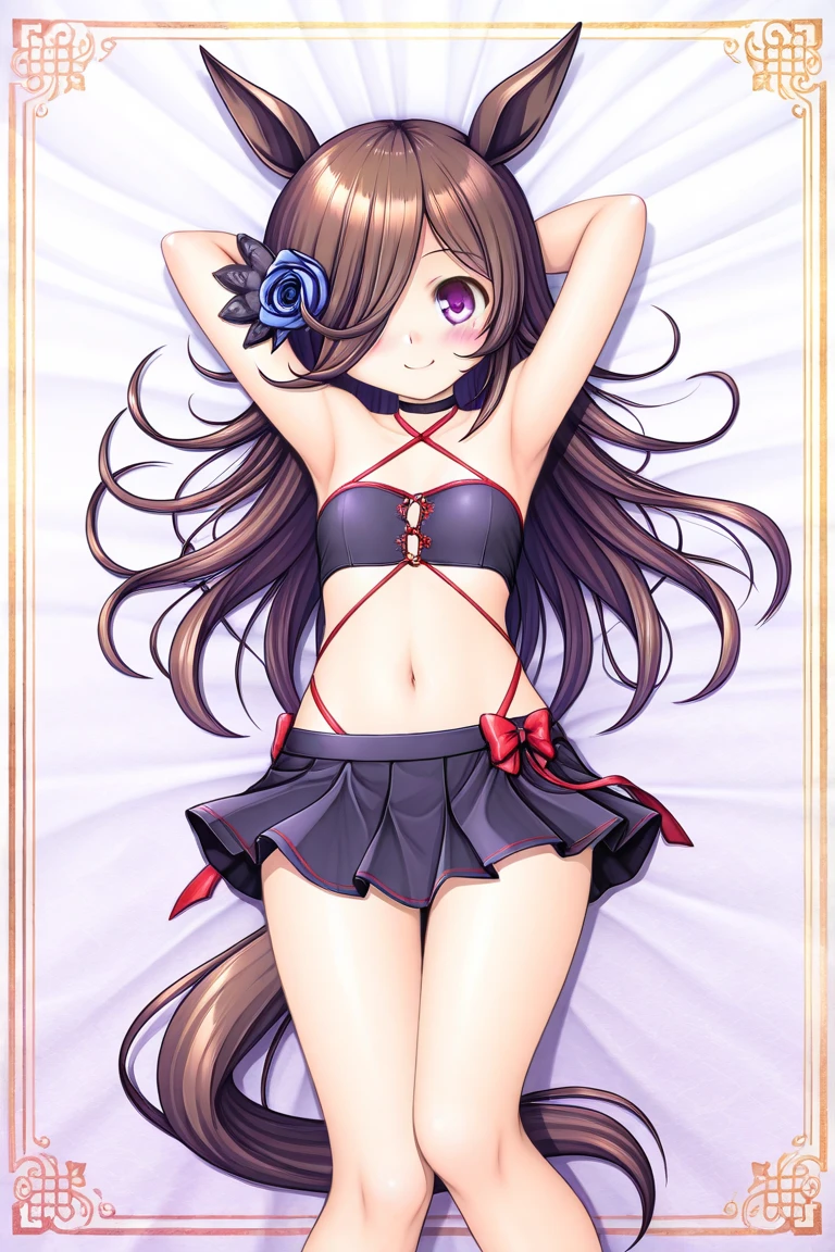 nice hands, perfect hands
solo, qiaokeli, choko, 1girl, bow, jingle bell, bell, striped, underwear, armpits, blunt bangs, bra, panties, animal ears, black thighhighs, bowtie, thighhighs, pink bow, twintails, bangs, breasts, cat girl, cat ears, cameltoe, looking at viewer, lying, smile, navel, long hair, cat tail, open mouth, :d, tail, very long hair, pink bra, white apron, :3, pink bowtie, on back, brown eyes, brown hair, bow panties, arms up, waist apron, small breasts, skirt, blush, neck bell, animal ear fluff, apron, striped panties, thighs, pink panties, frills, clothes removed, slit pupils, wrist cuffs, stomach, frilled apron, collarbone, skirt removed, bow bra, black skirt, hair bow, bed sheet, bare shoulders