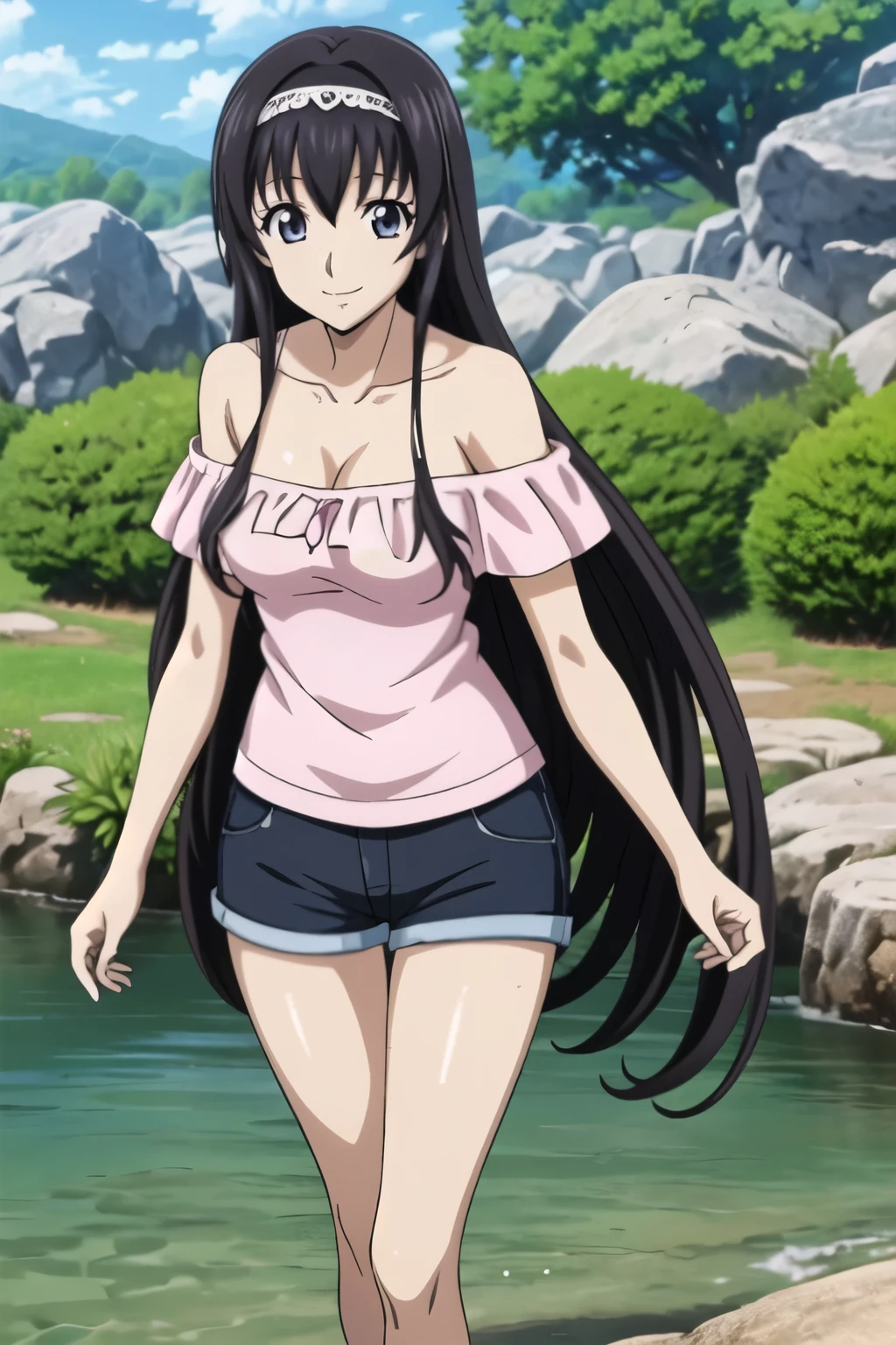 1 girl with black long hair, hair band, (denim short pants, Off-Shoulder), (standing in river, water, rock), beautiful leg,  soft sunlight ,  smile, (Anime style, masterpiece, best quality , High Resolution , anime color , Anime style, sharp, 8k, realistic), digital animation art!!, anime style, Official Artwork , visual novel CG, 