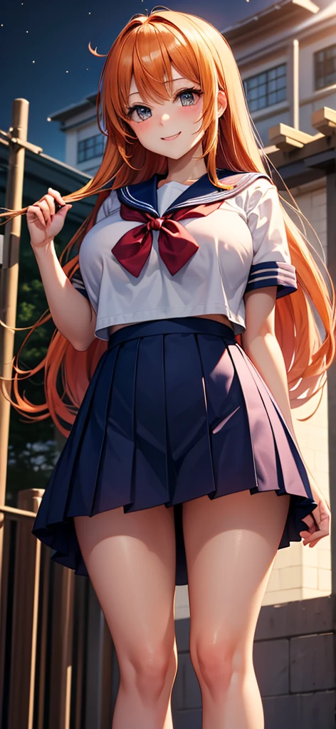 (masterpiece, best quality, cinematic, photorealistic, ultra-detailed), (1girl, japanese student), thicc, (medium shot, from below:1.5), (smart-looking girl wearing white short-sleeved blouse with a sailor-style collar and a ribbon tie:1.4), (navy blue pleated skirt that falls just above the knees:1.4), (red hair, long wavy hair:1.2), perfect hands, perfect face, (bursting breasts:1.4), (seductive pose:1.2), (green eyes, soft and shimmery eyeshadows, detailed pupils, defined eyelashes), (blushing, slightly parted lips, fluffy lips, cherry lips:1.2), (gradient background:1.2), (armpit is shown:1.3), (looking at the viewer, chin up:1.4), (standing, sensual pose:1.4)