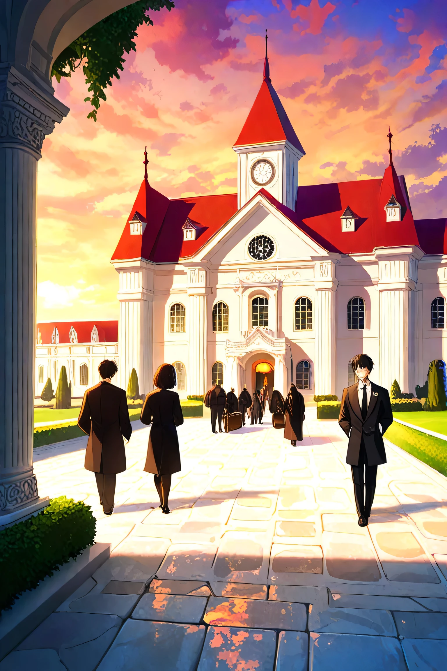 A majestic classical-style dormitory building for a magic academy. The building has a bright red roof, tall ivory-white pillars about five meters high, and engraved royal emblems on each side of the pillars. The scene is set during late afternoon with a warm sunset sky. In front of the building, a group of new students stand with luggage, including a calm black-haired boy (Revian) receiving a room key from a woman in formal clothing. The atmosphere is calm, warm, and welcoming, with clean stone paths and trimmed greenery surrounding the mansion.