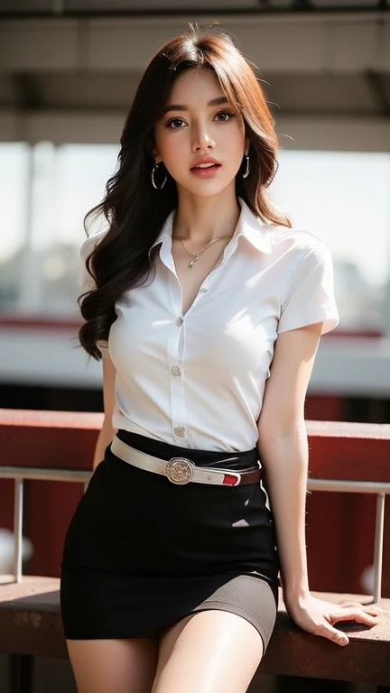 (High resolution 8K, Masterpiece, best quality. Just one complicated detail, chromatic aberration.) As a matter of fact ((chest)) hair in one eye, purple eyes, big round hoop earrings, sharp eyes, Diamond choker, red gemstone necklace. ,(symmetrical eyes),(Perfect symmetrical body),(Photo of a beautiful 21 year old girl),Beautiful and charming illustrations of contemporary fashion through the eyes of the viewer.. ((Behind the scenes of a large classroom)) , (black short skirt), (((He wore a white short-sleeved shirt that was completely unbuttoned.. เปิดเสื้อโชว์chest, no bra), (openly), (Soft chest))), ((black shorts) Pencil skirt with deep slit on the side..) (leather belt, long square belt buckle) ((Put your hands down.)) (golden bob, side bangs, golden hair (There is a thin layer of hair covering the face..)), sharp eyeliner, Blush eyeshadow with thick eyelashes, Very delicate and beautiful, round chin, Sharp focus, luxurious, Open your legs on the study table.. Turn your head with your legs open so they are at eye level.. Open your legs and lift your right leg over your left leg.. Let your legs be at natural eye level., chestของคุณเล็ก, Your legs are slightly apart in a dynamic pose.. University outfit