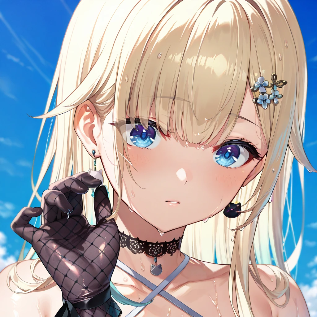 Emma Aizawa (Buispo) EmaDefault, super detail, 全身が写っている、(masterpiece), (top quality), (very aesthetic) masterpiece, female portrait with detailed features, 8k resolution, vivid textures and colours,, anime style illustration, big eyes, glazed skin, wet eyes, long hair, hair ornament, cat earrings, choker, cross halter, waist ribbon, gloves, single fishnet thigh, thigh strap, glossy skin, wet eyes, long hair, hair ornament, cat earring, choker, cross halter, waist ribbon, gloves, single fishnet thigh, thigh strap, nude, full body, head to foot、全身、full scale、セックス