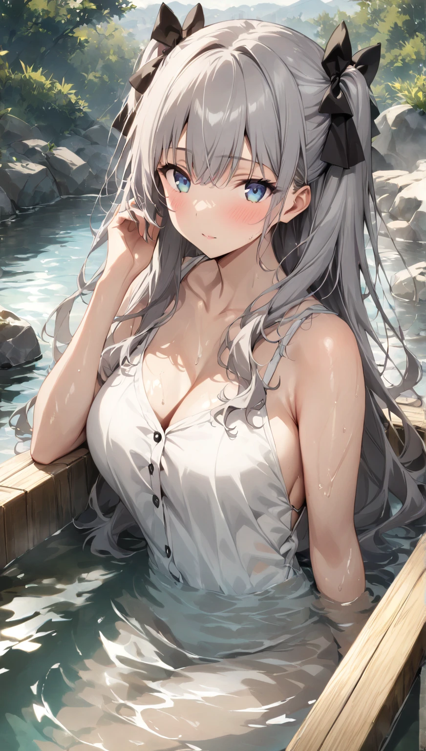 High resolution、Off the shoulder、Real Skin、Big earrings、necklace, ((Very close to the audience))、((Spectators are welcome.))、Waiting for a hug、shy、Embarrassing、 Delicate body、Sharp eyes, Woman in a Japanese hot spring, Immersed in water,nsfw, nude,