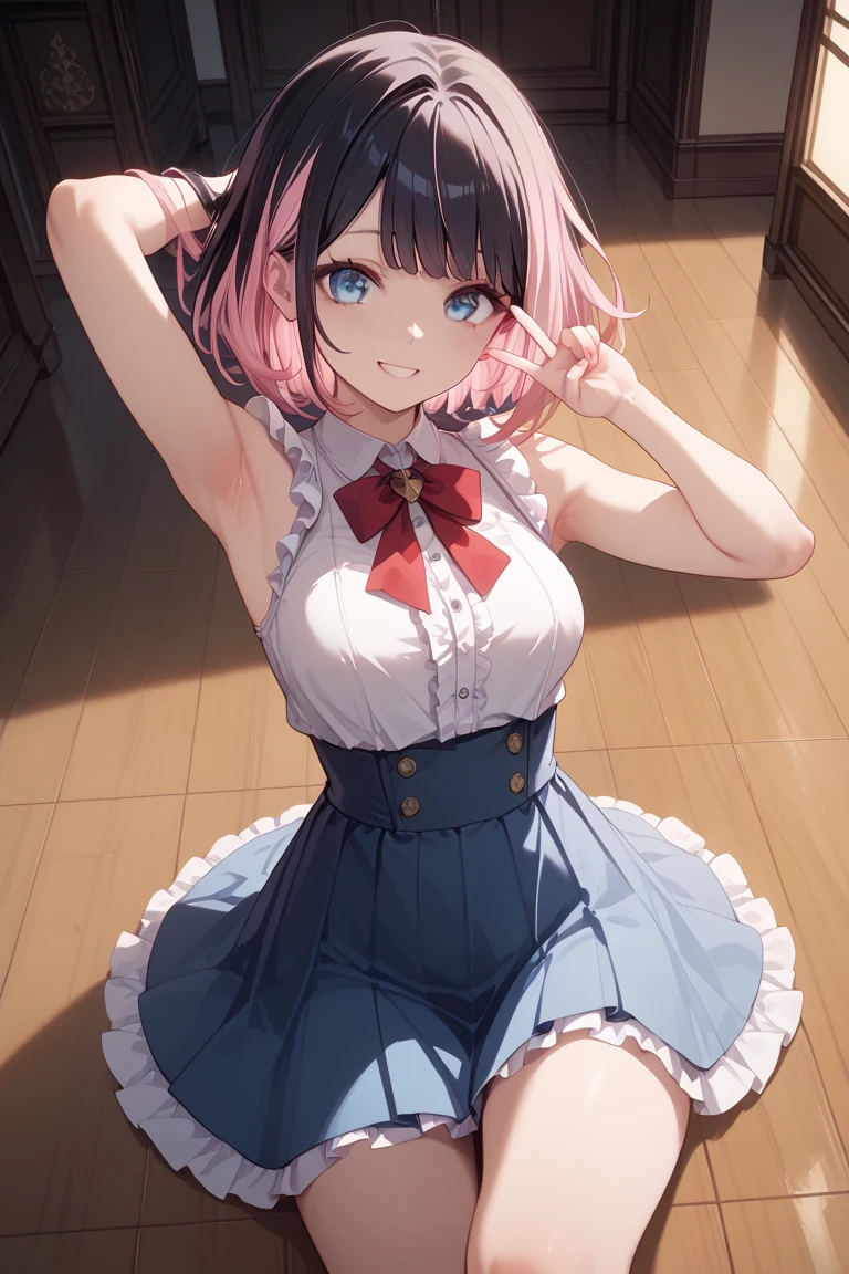 masterpiece, highest quality, Ultra-detailed, 8K, Portrait Shot, 1 Girl, Watching the audience, Put your arms behind your back, (Black Band Top:1.3), (White lace panties:1.5), Bare shoulders, clavicle, (Underboob:1.3), Cleavage, Huge breasts, short hair, Pink Hair, Purple Eyes,(expensive , Pleated mini skirt:1.5), Depth of written border,Sailor suit