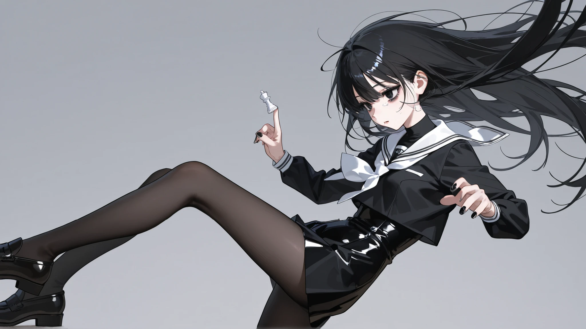 Clear facial features、Chess motif clothes、 black and white sailor suit、long black hair、long but gentle eyes、 three-sided view、standing、simple background、black tights、loafers、Nail、natural makeup、bags under his eyes