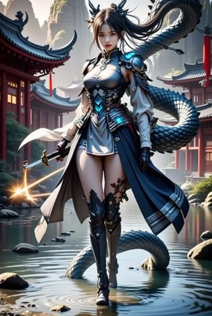 full body xianxia, lace armor, Beijing opera,glowing eyes, Chinese Dragon Plate glaring at girl, fly in sky,clouds, large breasts, showing cleavage