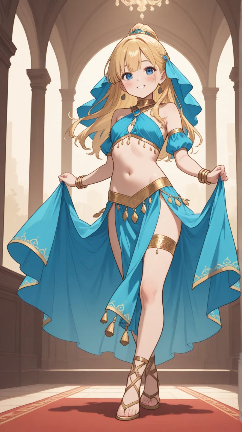 blonde hair, blue eyes, shy, large breasts, belly dancer, sexy dress, wear men's boxers, large penis under boxers, sexy pose