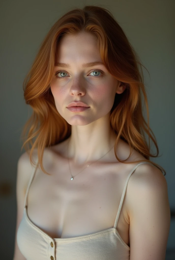 a stunning photo of sks woman smirking, natural lighting, epic character composition, sharp focus, film grain, full body, nude, skinny, pussy, (freckles:0.7), pubes
