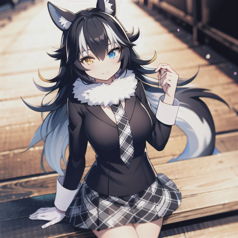 (masterpiece, best quality, high resolution, distinct image), cinematic lights, 1girl, grey wolf \(kemono friends\), heterochromia, wolf ears, blue eye on left eye, long hair, multicolored hair, black hair, wolf tail, yellow eye on right eye, looking at viewer, sweater, <lora:grey wolf2:0.7>