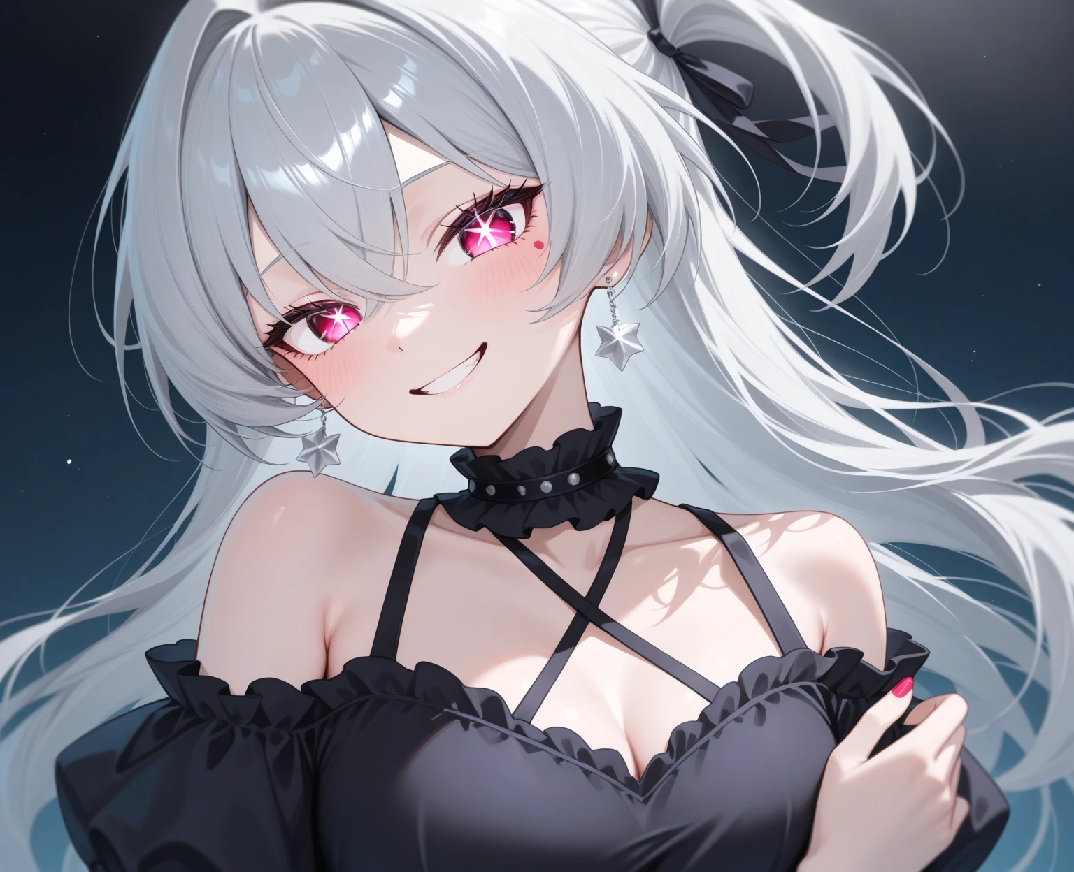 (Photorealistic:1.4)、asuna,(masterpiece、lens flare:1.5、spot light:1.2、Exquisite beautiful eyeonochrome:1.5,portlate、)(little devil:1.3),()
、Cute Face、 3D Face、(pearl white hair:1.5)、(wavy hair:1.3),(1 Girl)、(Red eyes:1.2)、(upper body)、(smug face:1.3)、(head tilt) ,(Cute face:1.2),(flat chest),(),kind face,(white lace frilled gothic lolita),(black background:1.5)、(glowing eyes:1.3)、()、 Neat and clean、Adorable、Slim Body(Tareme:1.5),Shiny Hair、(Glowing pink Skin)、Nijisketch,Manga,zydG