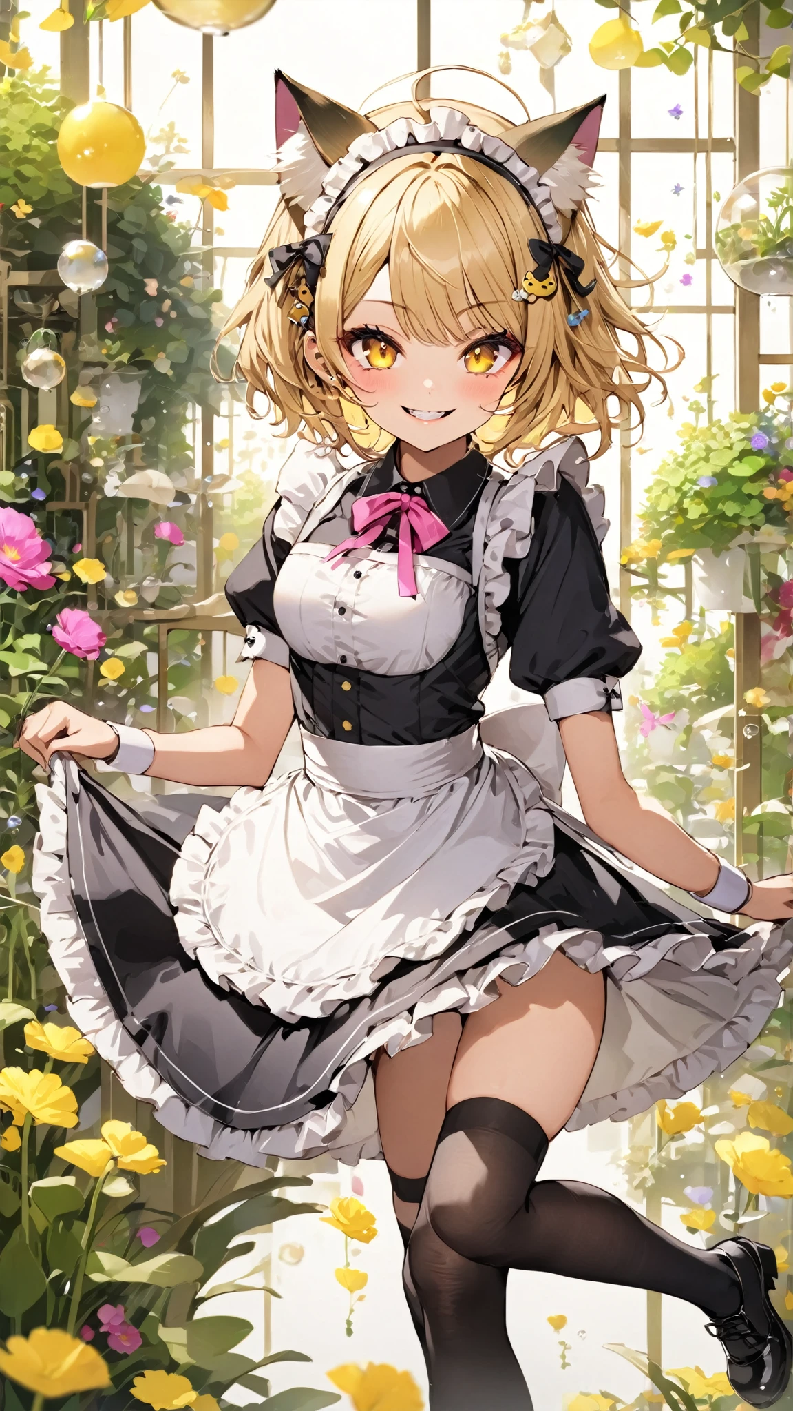 <lora:NagisaTsukimiyama-10:0.8>, nagisarondo, looking at viewer, smile, hair ornament, long sleeves, dress, bow, holding, underwear, standing, flower, frills, sky, cloud, apron, maid, maid headdress, petals, night, rose, moon, night sky, corset, full moon, stairs, bloomers, holding flower, candle, rose petals, candlestand