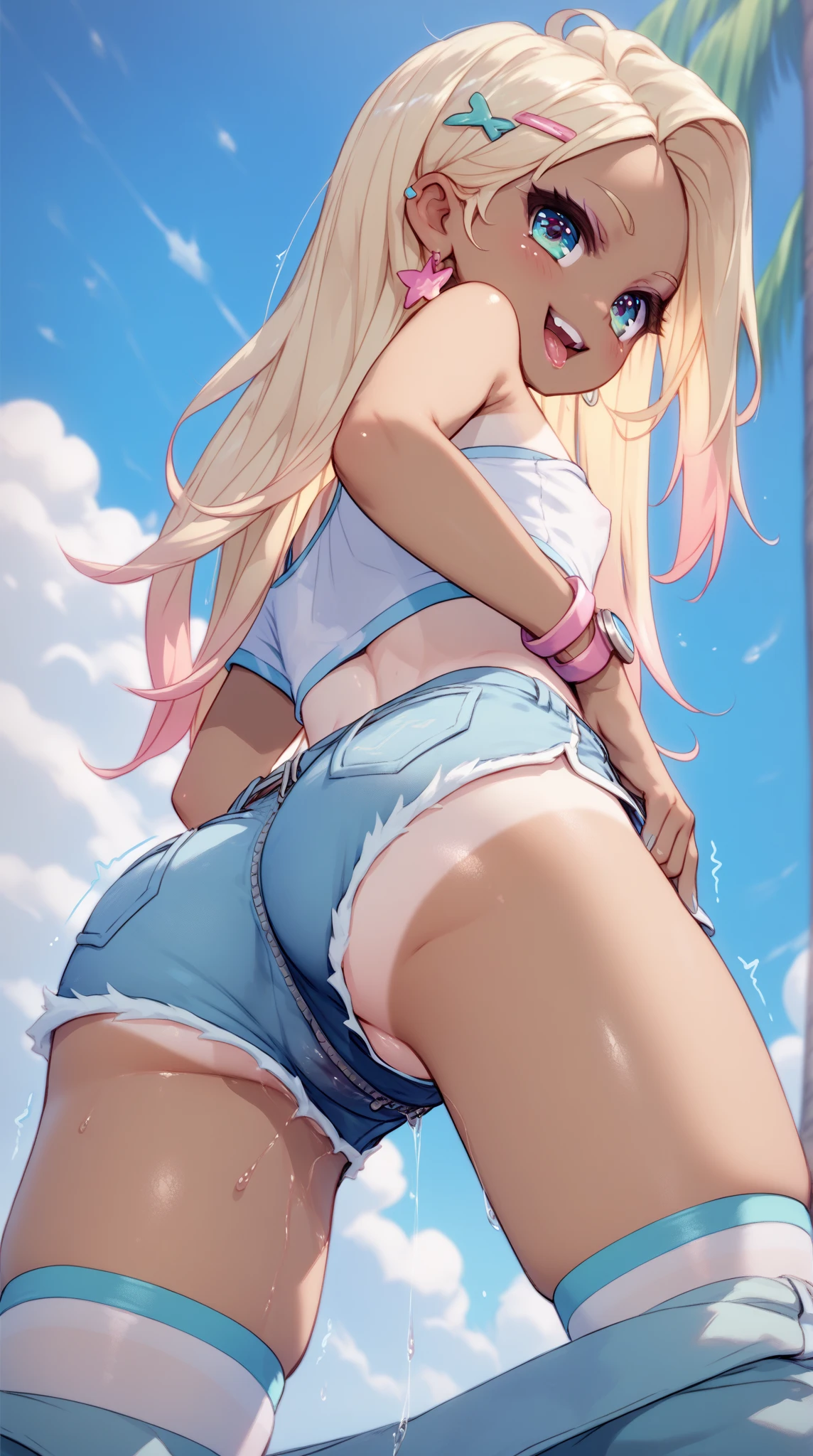 By mantis-x, (gyaru), young girl, tight small hotpants, small breasts, playful smile, blonde hair, ((tanned skin)), solo, midriff, tube top, ass shake, lewd dance, unzipped pants, pussy, pussy juice