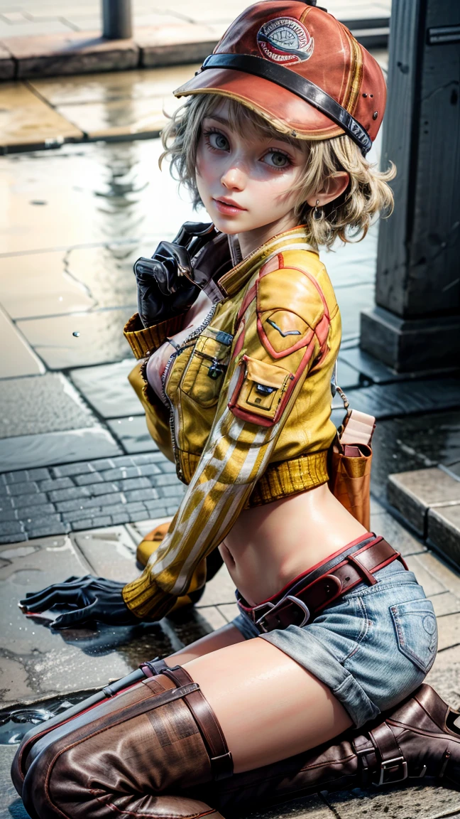 (masterpiece, best quality:1.2), expressive eyes, perfect face, highres, 1girl, solo, cindy aurum, baseball cap, cropped jacket, cleavage, orange bra, black gloves, belt, denim shorts, black stockings, white boots, smiling, standing, upper body, looking at the viewer
