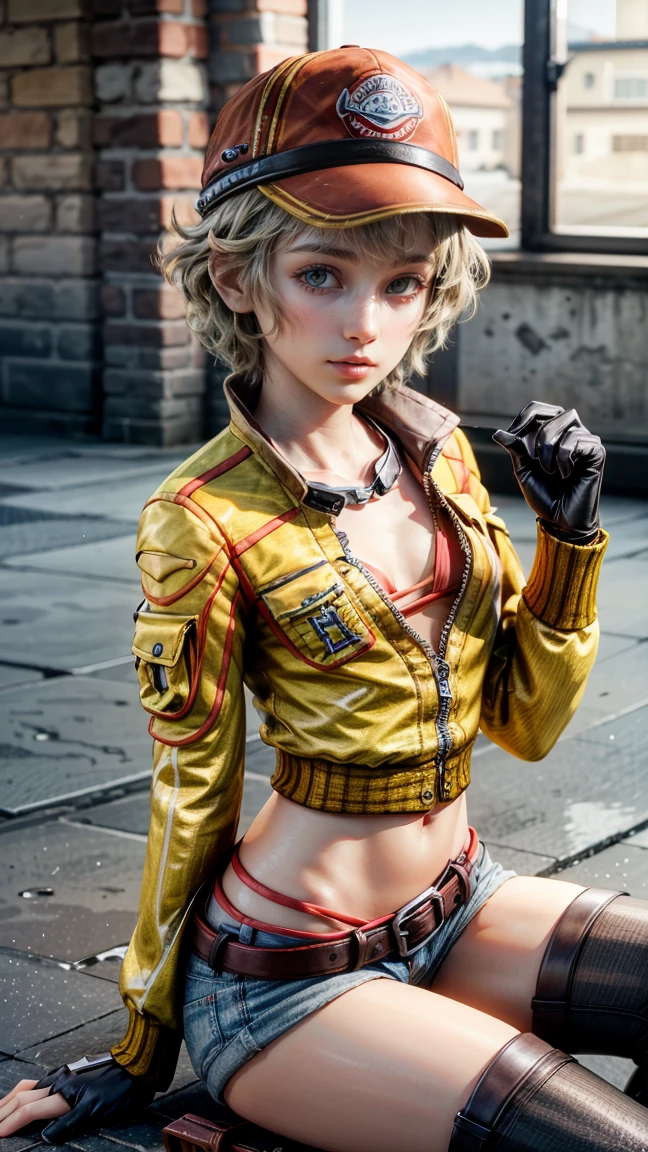 ((best quality)), ((masterpiece)), ((perfect face))、((detailed motorcycle))、Detailed and clear photos、((riding a motorcycle))、slender body、long legs、full body shot、smile、(((Yellow long sleeve riding jacket and leather pants)))、(short hair)