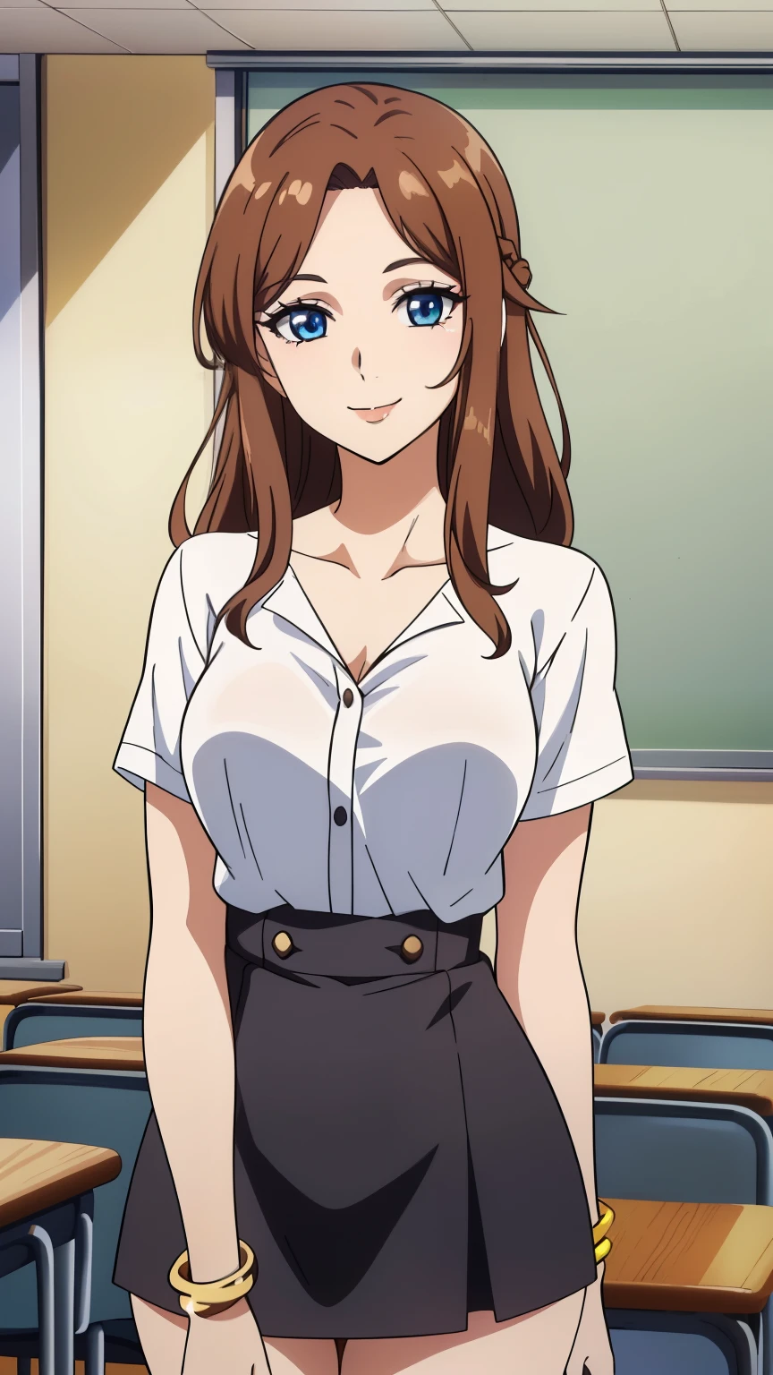 (masterpiece, best quality, high resolution, 8k:1.2), (Anime coloring:1.2), very detailed, beautiful eyes, perfect eyes, detailed eyes, feature large highlight, detailed face, ultra-detailed, detailed eyes, symmetrical eyes, (mature face:1.2), 1 girl, alone, (slim:1.1), (medium breasts), (brown hair, long hair), smile, (gal makeup, false eyelashes, bracelet:1.1), (nffsw, High school student, white shirt, dress shirt, mini skirt, thighs, collarbone, classroom),looking at the viewer,in the center of the image, (beautiful_chest:1.1), (beautiful_face:1.2), (beautiful_ waist:1.2), (cowboy shot), dutch angle,