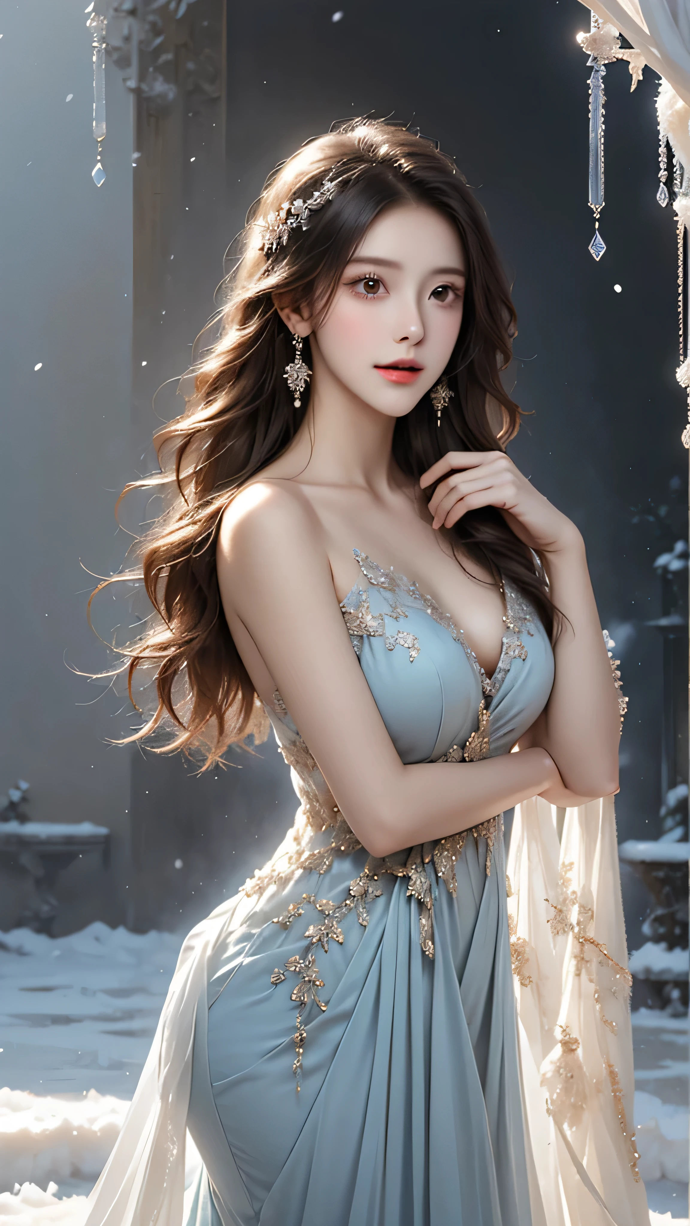 "The scene is set in the French Alps during a beautiful evening. A young woman of 20, with an incredible beauty, stands on a balcony overlooking the mountain range. She has auburn hair that falls in long, luxurious waves, and striking blue eyes. She is wearing a stunning evening gown that accentuates her figure and her, let's say, generously proportioned chest. The sun is setting, casting a reddish glow over the mountain peaks. A pair of eagles soars above the balcony, adding a touch of wildlife to this serene setting."
masterpiece, best quality,intricate details,realistic, extremely detailed 8k CG unity wallpaper, watercolor effect,