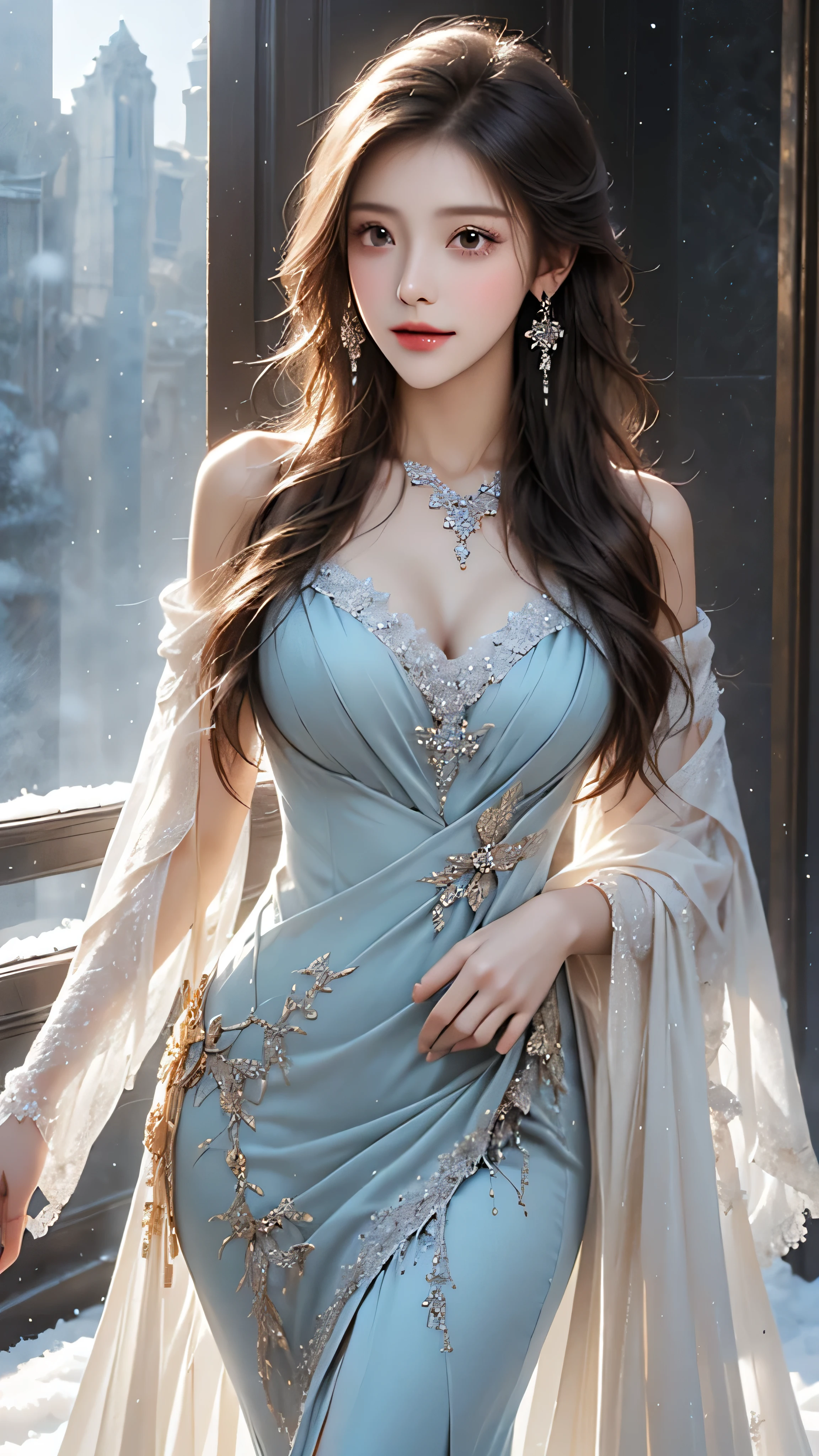 blue eyes、bionde、Full body photo、Sexy Face、Long straight hair_Hair reaching down to the waist、 Complete look、(((masterpiece)))、((Highest quality))、((超Realistic))、Mature woman、Mature woman、perspective、Very detailed、The perfect temptation、Best image quality、Fine-grained image quality、beautiful、Europe, woman, French, woman Italian, Italian, smile、blue eyes、jewelry, blue eyes, Realistic, High resolution, Glowing Skin, (Detailed face),jewelry, , night, bionde, Wavy Hair,Attractive appearance, smile,Flowing white dress decorated with intricate silver embroidery_long sleeve_Thin